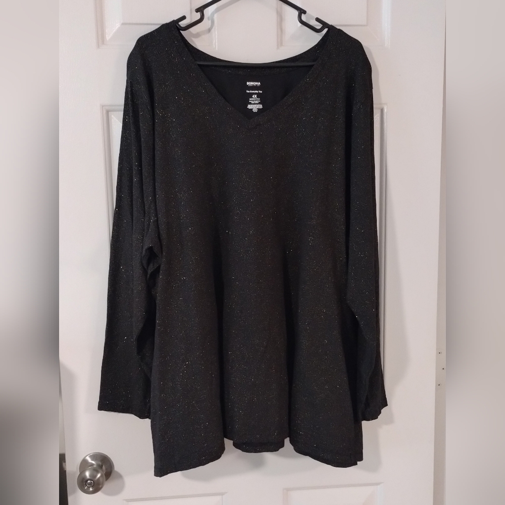 Nwot Sonoma Black Gold Sparkle V-Neck Long Sleeve Shirt 100% Cotton